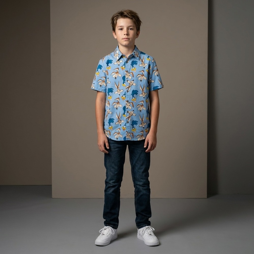 kids Looney Tunes Button Down Shirt M Blue Cotton Wile E Coyote Road Runner